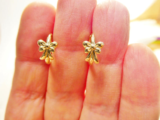 real 10k solid yellow gold designer bow flower hoop huggie earrings