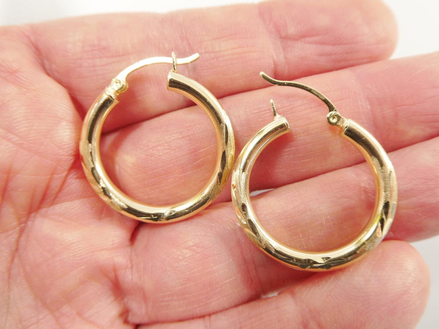 10k real solid yellow gold diamond cut hoop earrings