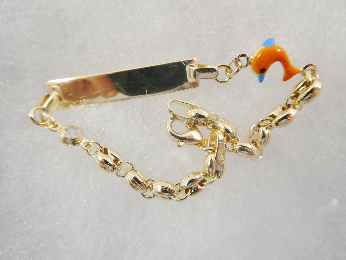 14k Yellow Gold Baby ID Bracelet: Enamel Dolphin Mariner Chain, 6 Inch
