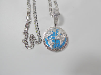 Real 925 Sterling Silver Enamel Globe Pendent Necklace
