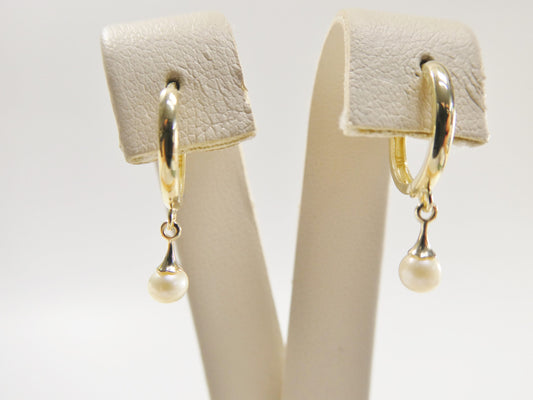 real 10k solid yellow gold dangling cultured freshwater pearl plain hoop huggie earrings
