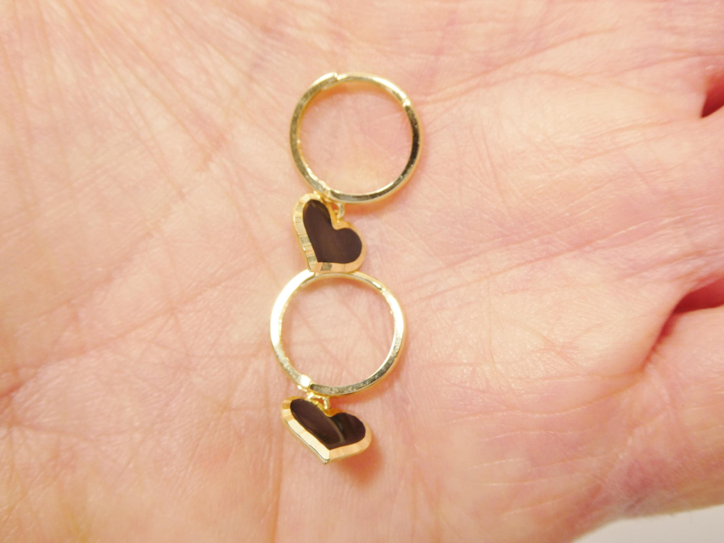 real 10k solid yellow gold black enamel heart hoop huggie earrings