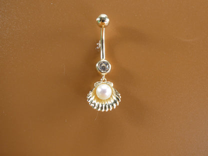 14k Real Solid Yellow Gold Freshwater Pearl Shell Belly Button Ring Piercing