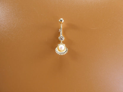 14k Real Solid Yellow Gold Freshwater Pearl Shell Belly Button Ring Piercing