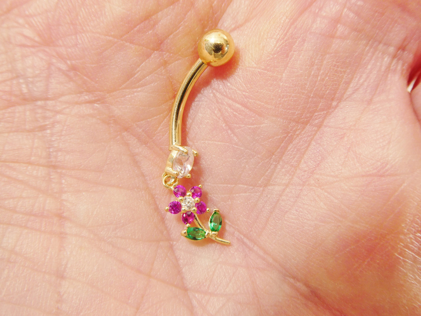 14k real solid yellow gold color leaf flower dangling belly button ring piercing
