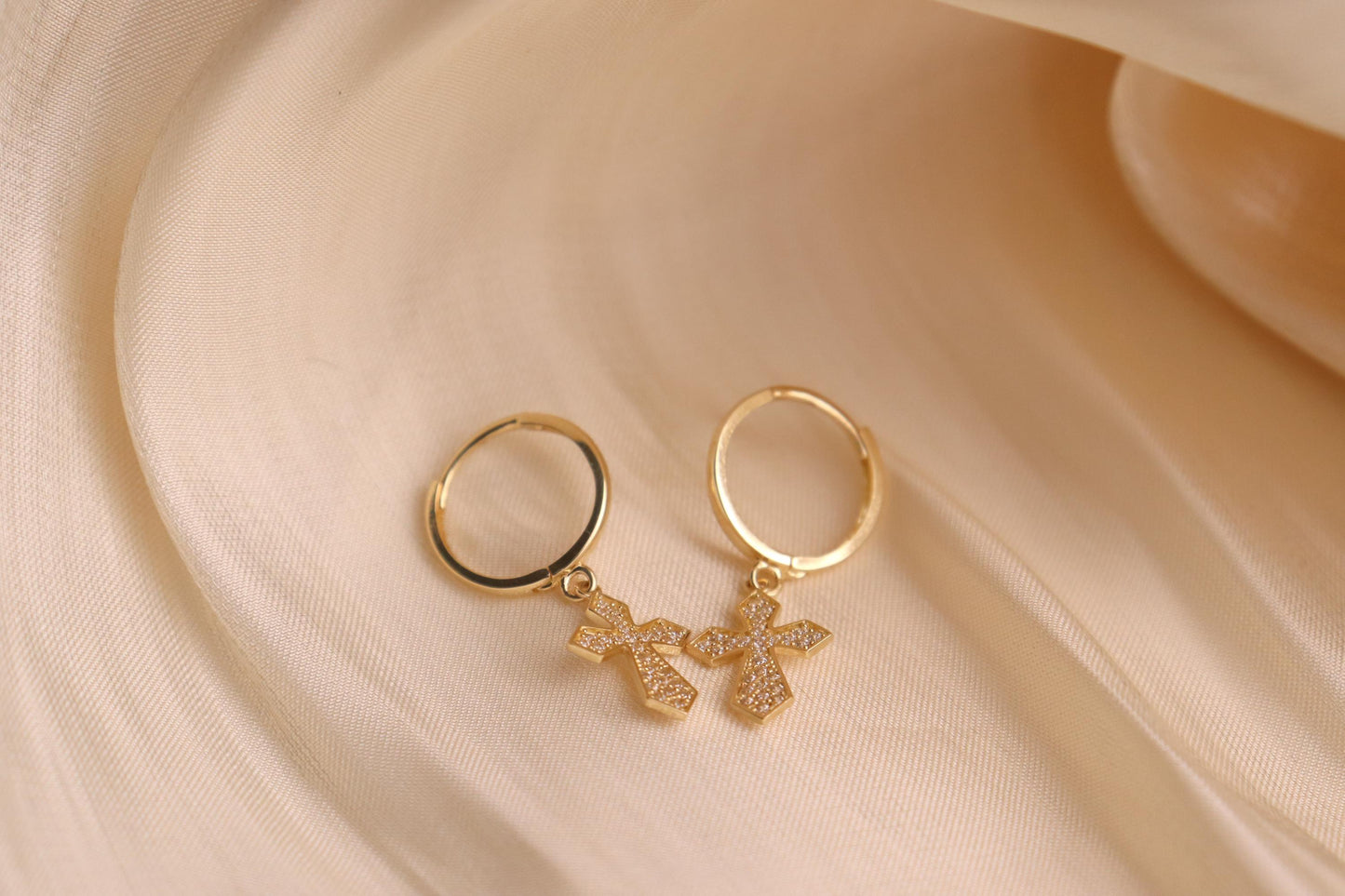 real 10k solid yellow gold cross dropping hoop huggie earring