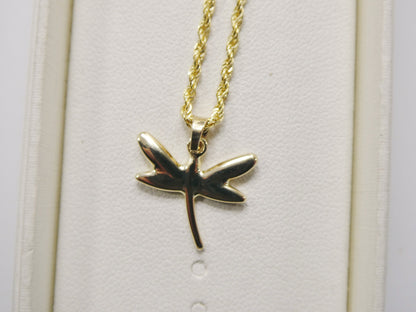 14k Real Solid Yellow Gold Dragonfly Pendent and Robe Necklace