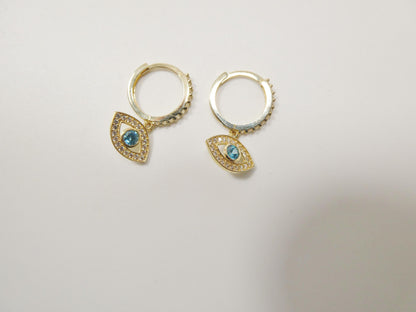 Real 10k Solid Yellow Gold Evil Eye Drop Hoop Huggie Earrings