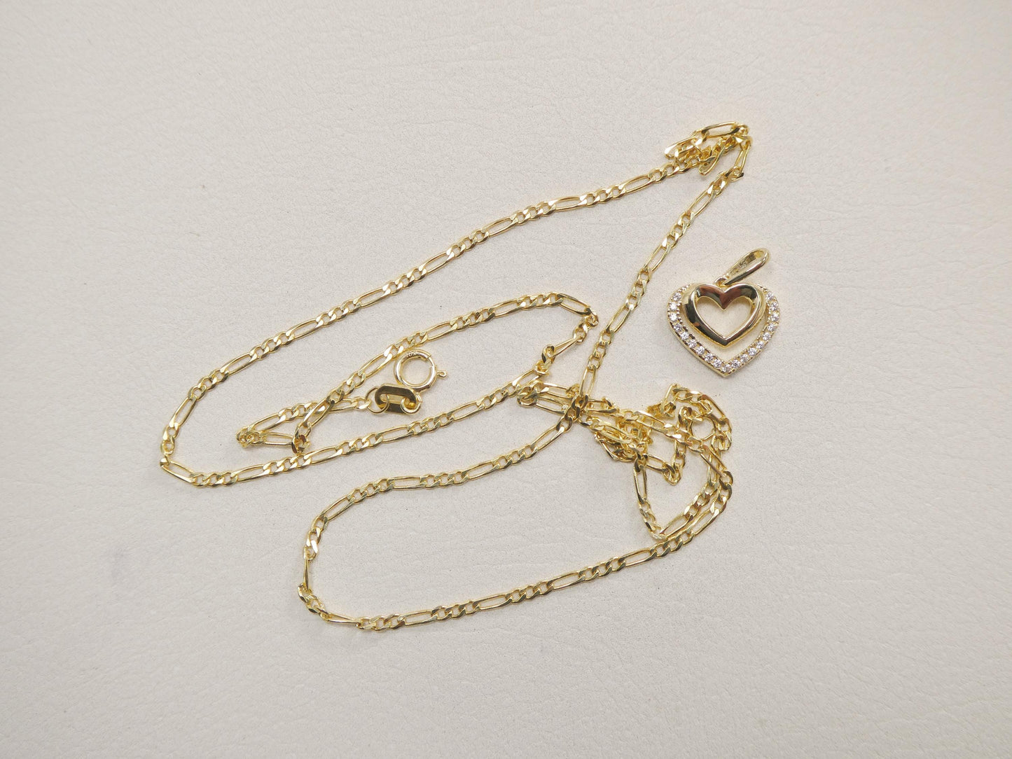 10k Yellow Gold Figaro Chain Necklace with Double Heart Pendant