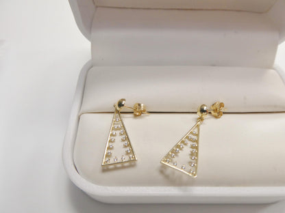 Real 10k Solid Yellow Gold Pyramid Triangle Drop Dangling Push Post Earrings