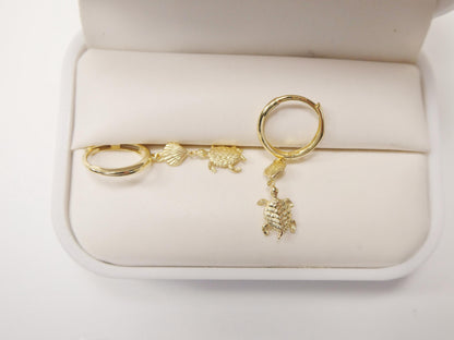 10k Real Yellow Gold Turtle Dangle Plain Huggie Earrings