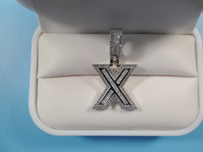 Real 925 Sterling Silver Baguette Initial Pendent With 18 Inch Small Miami Chain