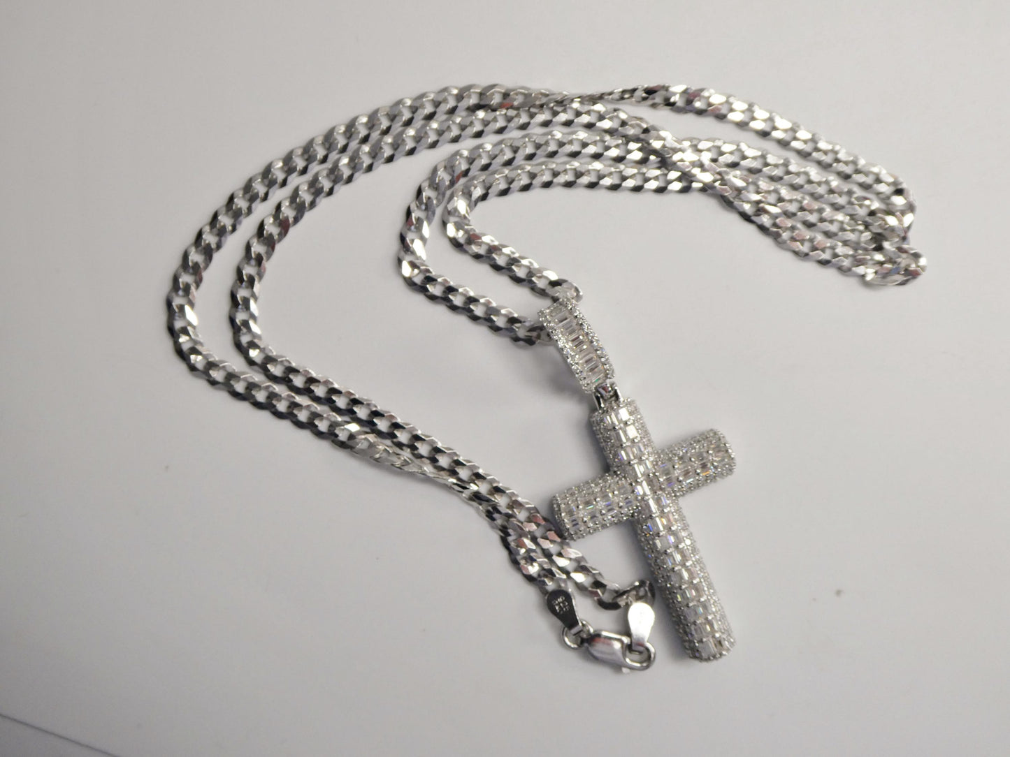 real 925 sterling silver 22 inch flat chain and moissanite cross pendent charm