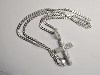Real 925 Sterling Silver 22 Inch Flat Chain and Moissanite Cross Pendent Charm