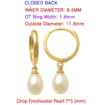 Real 10k Solid Yellow Gold Dangling Cultured Freshwater Pearl  Plain Hoop Huggie Earrings