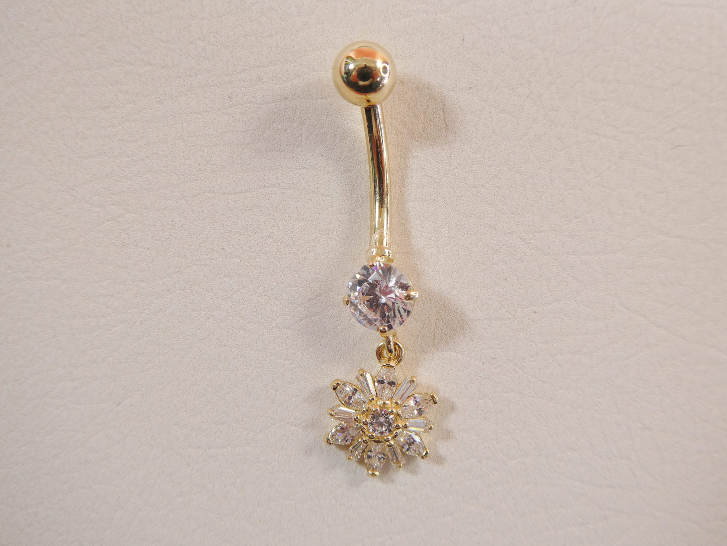 14k real solid yellow gold dangling flower belly button ring piercing