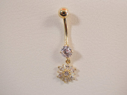 14k Real Solid Yellow Gold Dangling Flower Belly Button Ring piercing