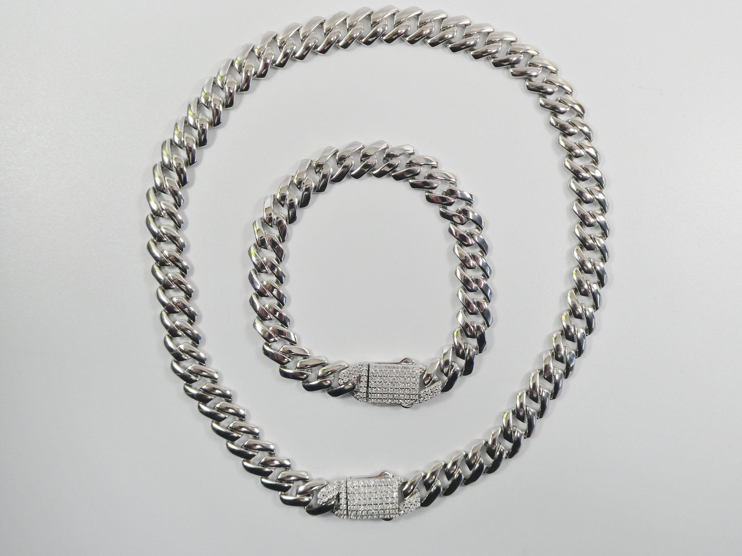11mm real 925 sterling silver Monaco style bracelet and necklace 14k white gold finish