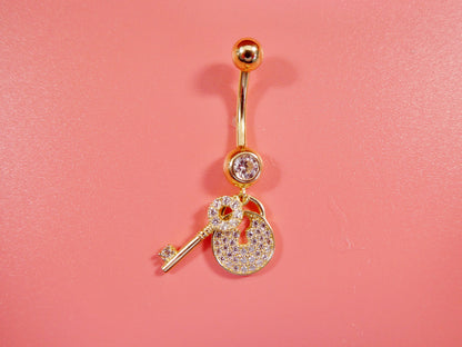 14k Real Solid Yellow Gold Dangling Lock And Key Belly Button Ring Piercing