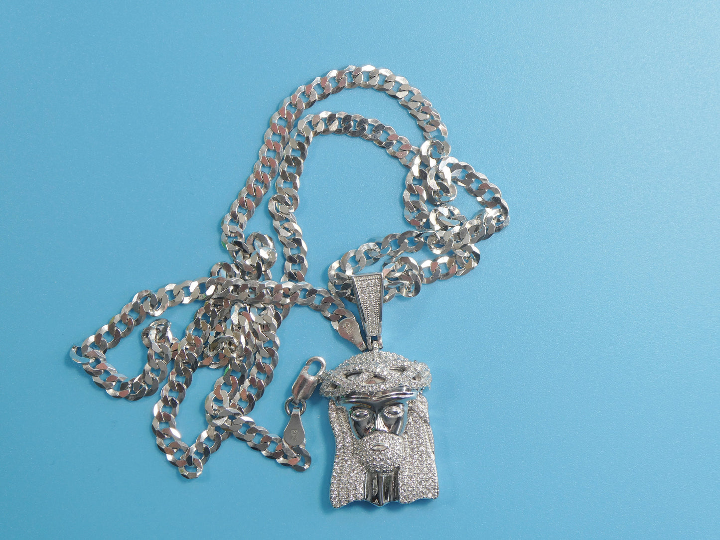 14k white gold color tone chain and large Jesus face charm pendent over real 925 sterling silver