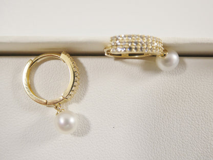 Real 10k Solid Yellow Gold Cultured Freshwater Pearl Dropping Hoop Huggie Earrings