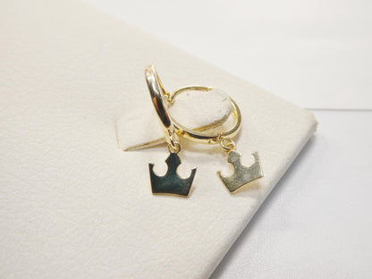 Real 10k Solid Yellow Gold Crown Hoop Huggie Earrings