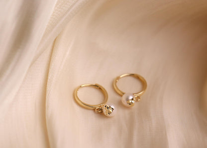 Real 10k Solid Yellow Gold Cultured Freshwater Pearl Hoop Huggie Earrings