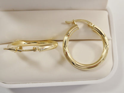 14K Real Solid Yellow Gold 25mm Round Hoop Earrings Snap Closure Diamond Cut Finish