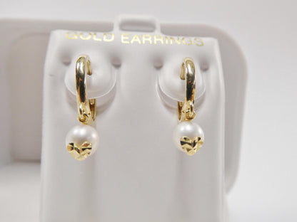 Real 10k Solid Yellow Gold Cultured Freshwater Pearl Hoop Huggie Earrings