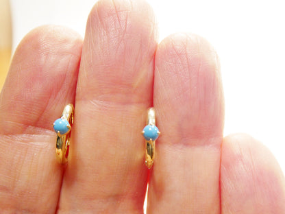 Real 10k Solid Yellow Gold Designer Polish Hoop Turquoise Huggie Earrings