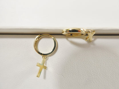 Real 10k Solid Yellow Gold Cross Dropping Hoop Huggie Earrings
