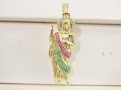 Real Solid 925 Sterling Silver Large Color Stone Saint Jude Pendent