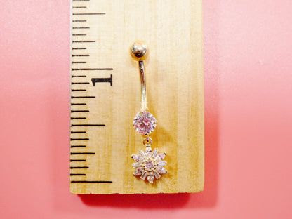14k Real Solid Yellow Gold Dangling Flower Belly Button Ring piercing