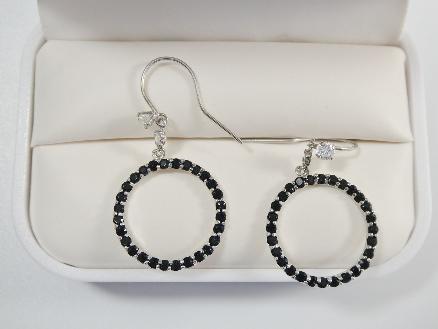 14k real solid white gold black stone circle earrings