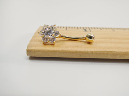 14k Real Solid Yellow Gold Flower Belly Button Ring Piercing