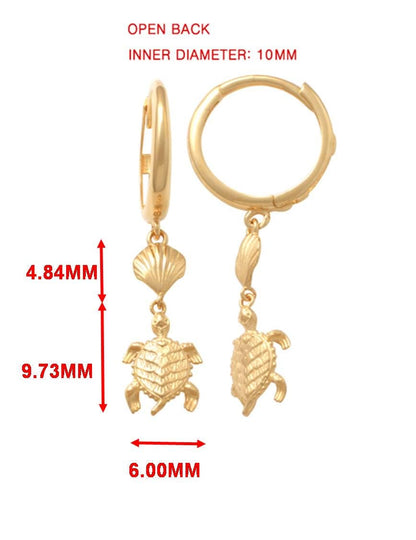 10k Real Yellow Gold Turtle Dangle Plain Huggie Earrings