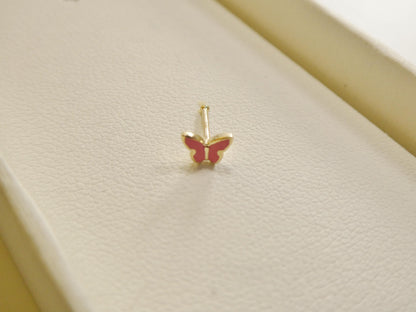 14k Real Solid Yellow Gold Tiny Pink Butterfly Stud Nose Ring