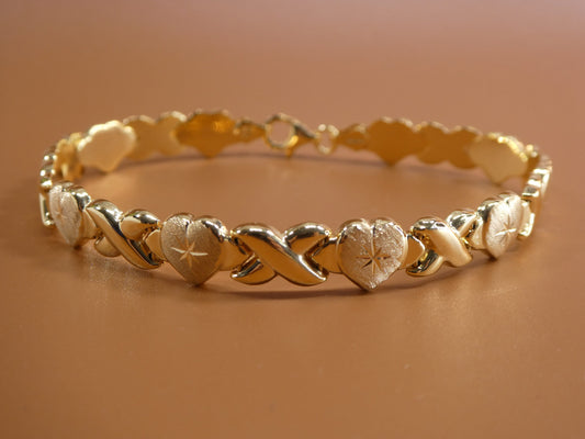 6.5 / 7 / 8 / 10 inch xoxo heart stampato bracelet all yellow tone 14k yellow gold color finish over real 925 sterling silver