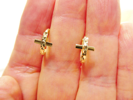 real 10k solid yellow gold cross hoop huggie earrings