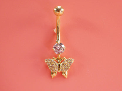 14k Real Solid Yellow Gold Dangling Butterfly Belly Vutton Ring Piercing