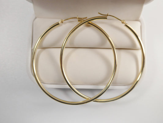 14K real solid yellow gold 2mm / 50mm round hoop earring snap closure high polish finish