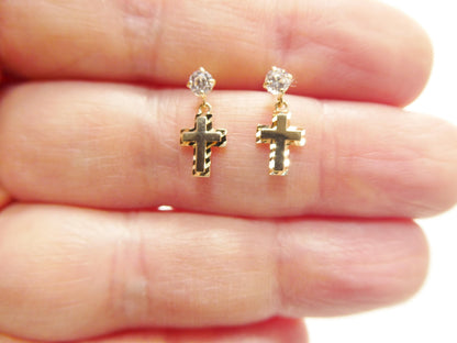 Real 10k Solid Yellow Gold Cross Dropping Push Post Earrings