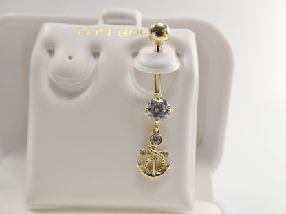 14k Real Solid Yellow Gold Anchor Dangling Belly Button Ring Piercing