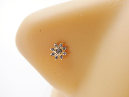 14k Real Solid Yellow Gold L SHAPE Flower Stud Nose Ring