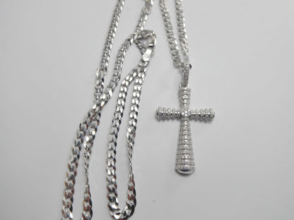 Real 925 Sterling Silver 22 Inch Flat Chain and Moissanite Cross Pendent Charm