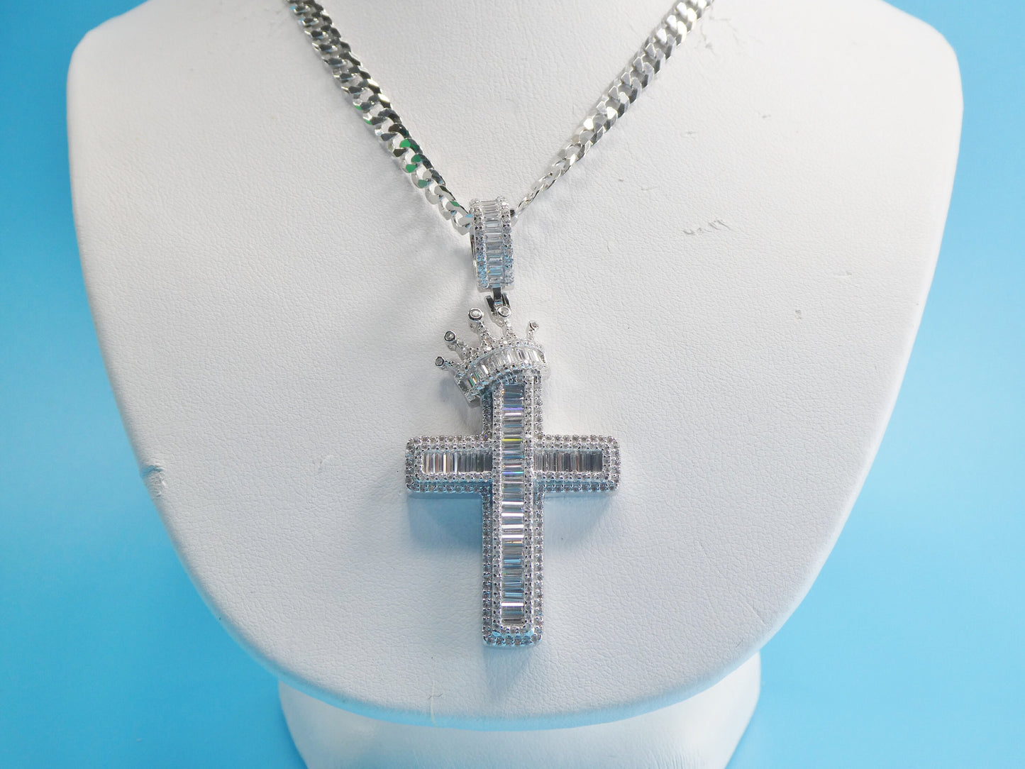 Sterling Silver Crown Cross Pendant: 14k White Gold Tone Cuban Chain