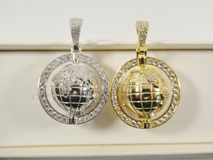 Real 925 Sterling Silver Globe Charm Pendent 14k Yellow Gold Finish