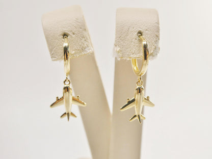 Real 10k Solid Yellow Gold Airplane Hoop Huggies Earrings