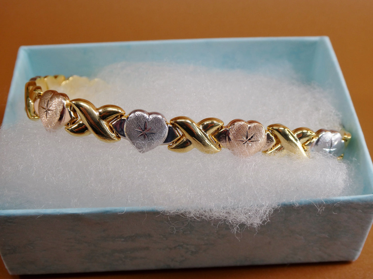 Tri-Color Heart XOXO Bracelet: 14k Gold Finish, Sterling Silver