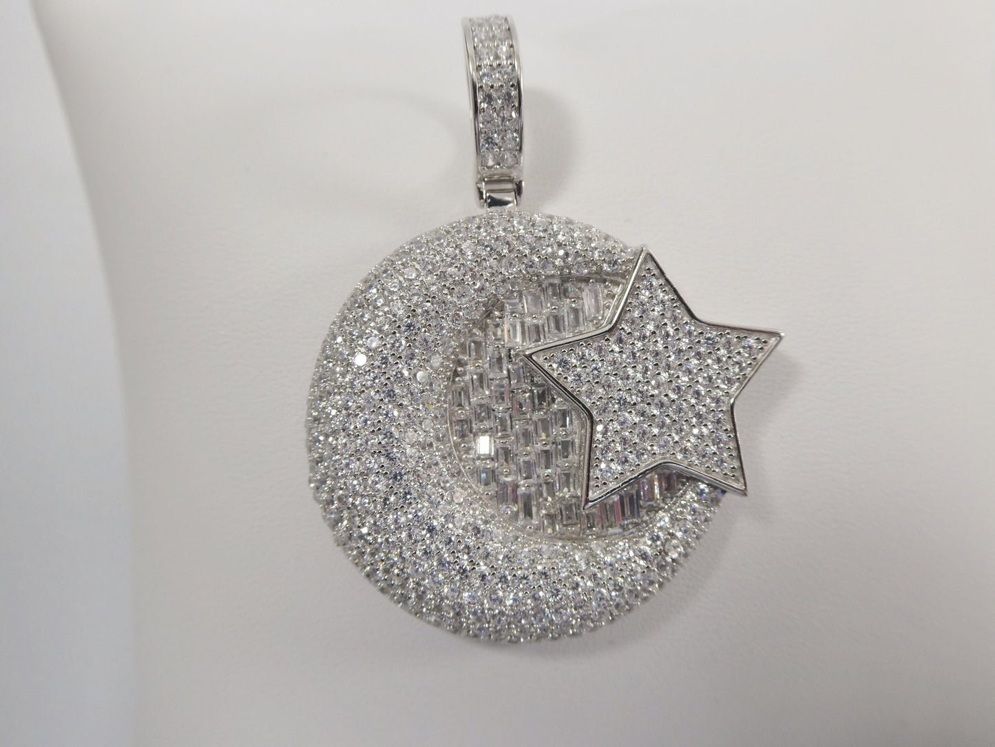 real 925 sterling silver large Muslim moon and star pendent full ice stone charm